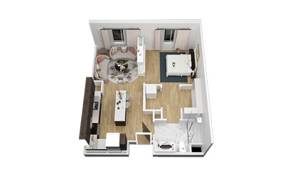 The Pennybacker - 1 bedroom floorplan layout with 1 bath and 685 square feet